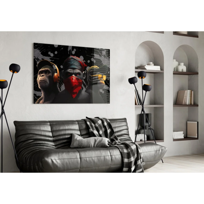 3D printed monkey wall art with headphones and red bandana on black leather sofa