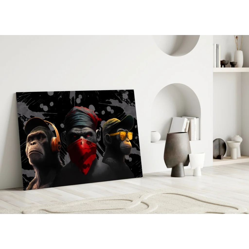 3D printed monkey wall art with headphones and red bandana