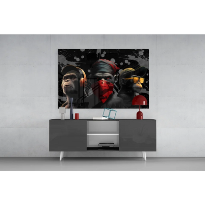 3D printed monkey wall art with headphones, red bandana, and 4K QLED TV