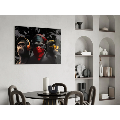 3D printed monkey wall art with headphones, red bandana on black round dining table