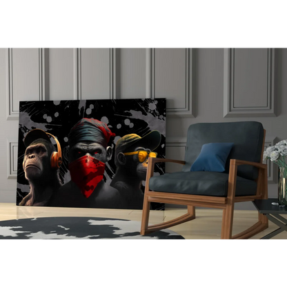 3D printed monkey wall art with headphones and red bandana, black and white