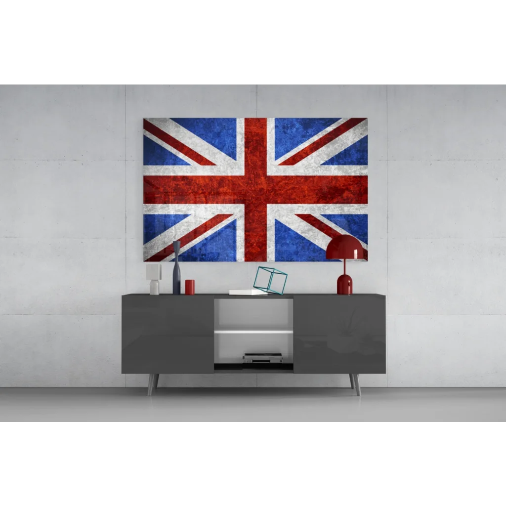 Sleek 3D Union Jack glass wall art canvas print in modern gray