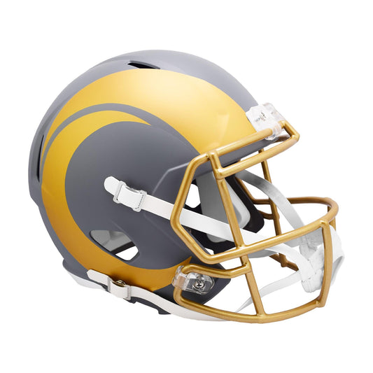 Los Angeles Rams slate gray and gold full-size replica helmet with gold facemask, viewed from three-quarter angle.