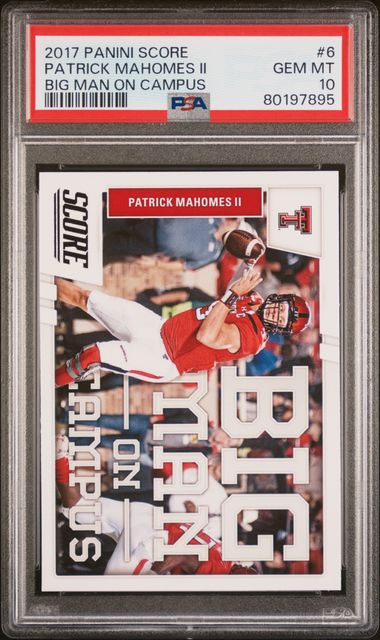Front of graded PSA 10 Patrick Mahomes II rookie card in plastic case showing player in red uniform jumping with ball.