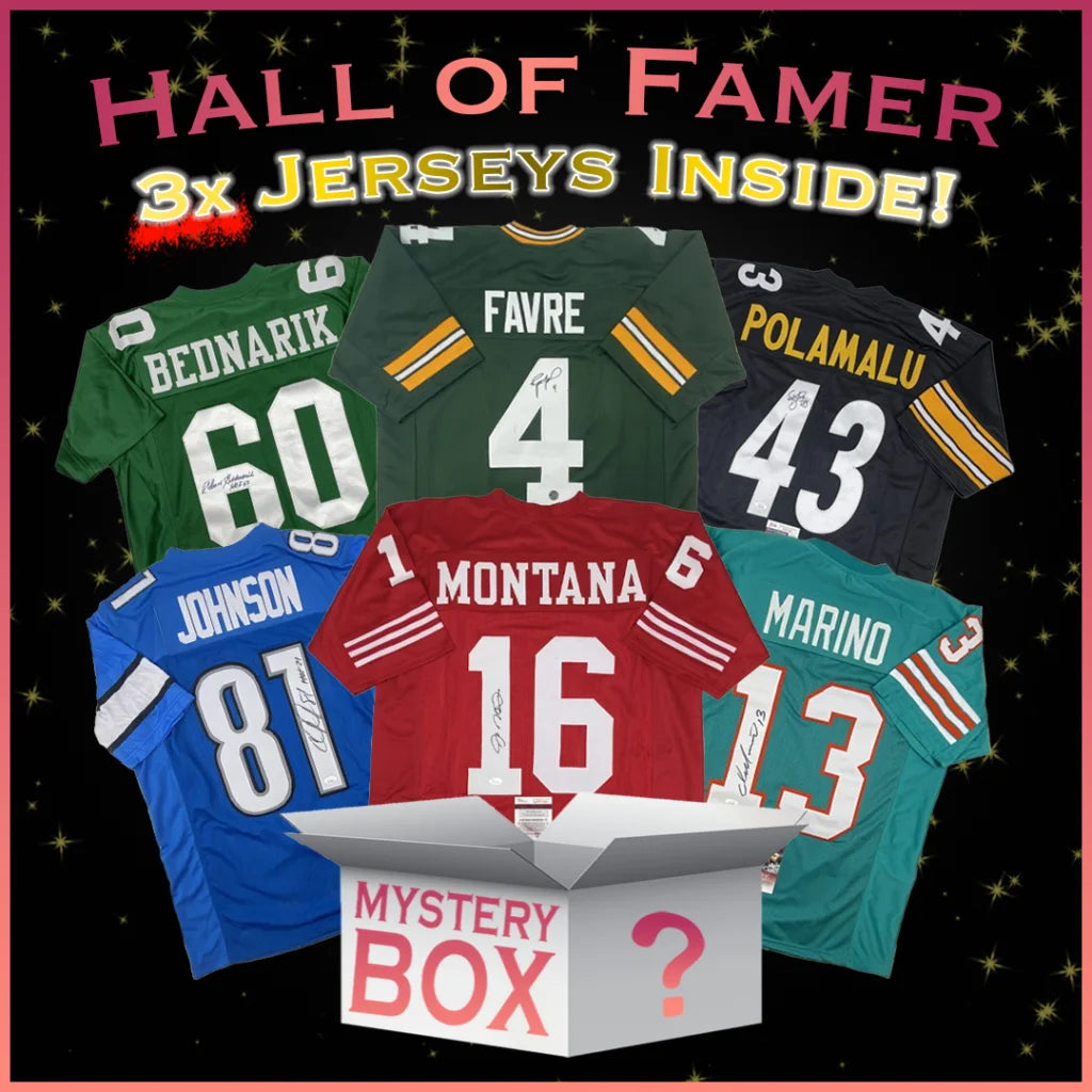 3x Hall of Famers Autographed Football Jerseys Mystery Box with PSA JSA or Beckett COA | Hall of Fame Sports Memorabilia | vintageantiquesgifts.com