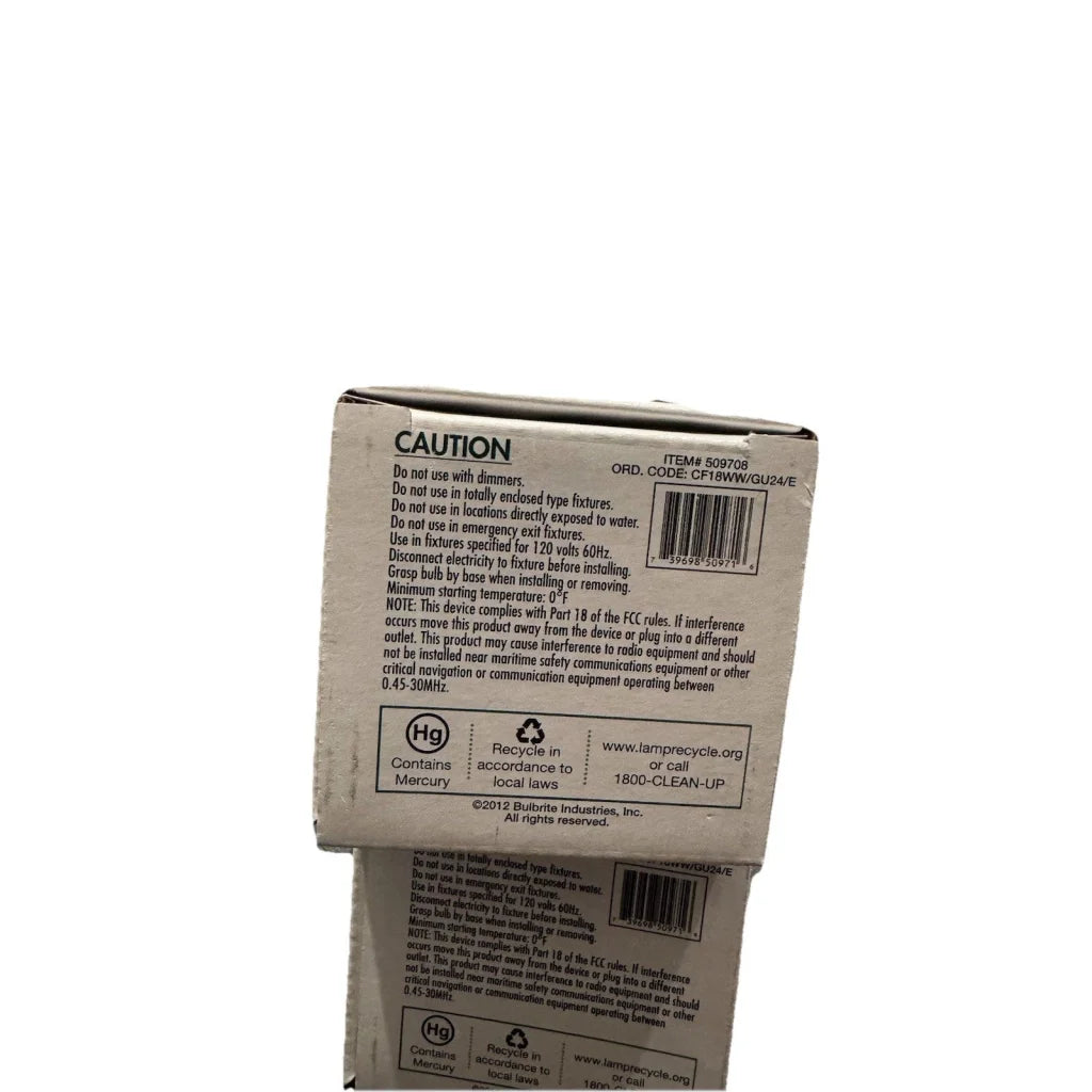 Back of Energy Wiser 75W GU24 CFL bulb box with safety info