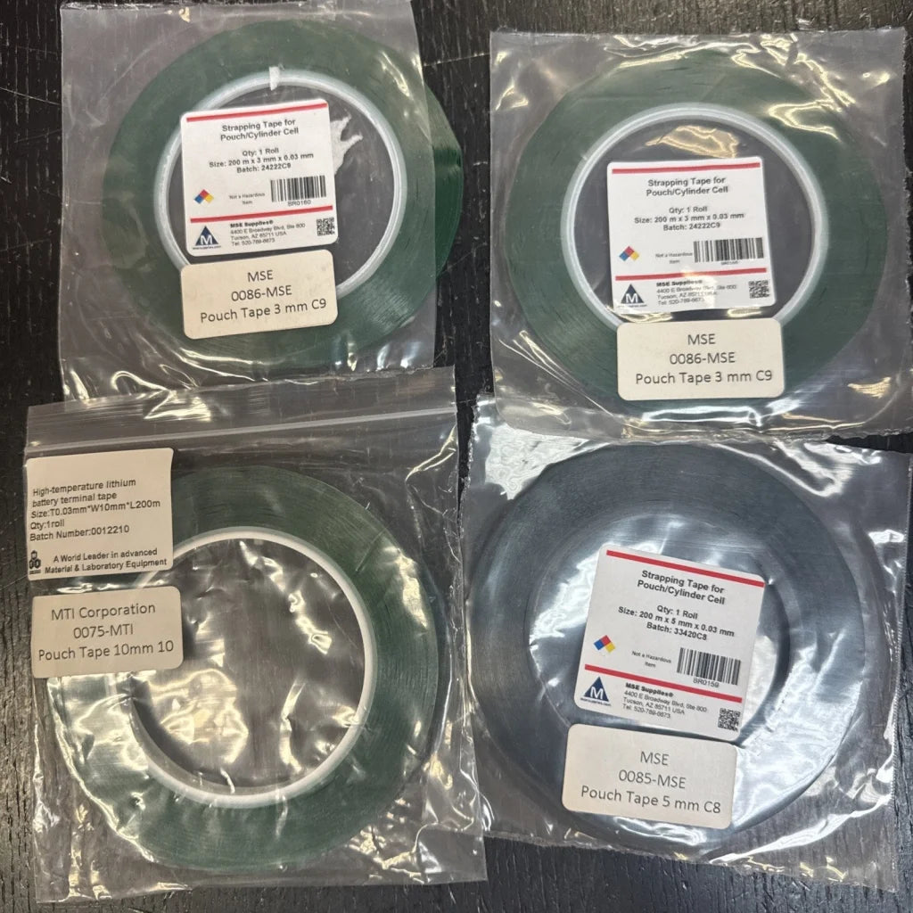Green lithium battery pouch tape rolls, MSE MTI 3mm 5mm 10mm, in packaging