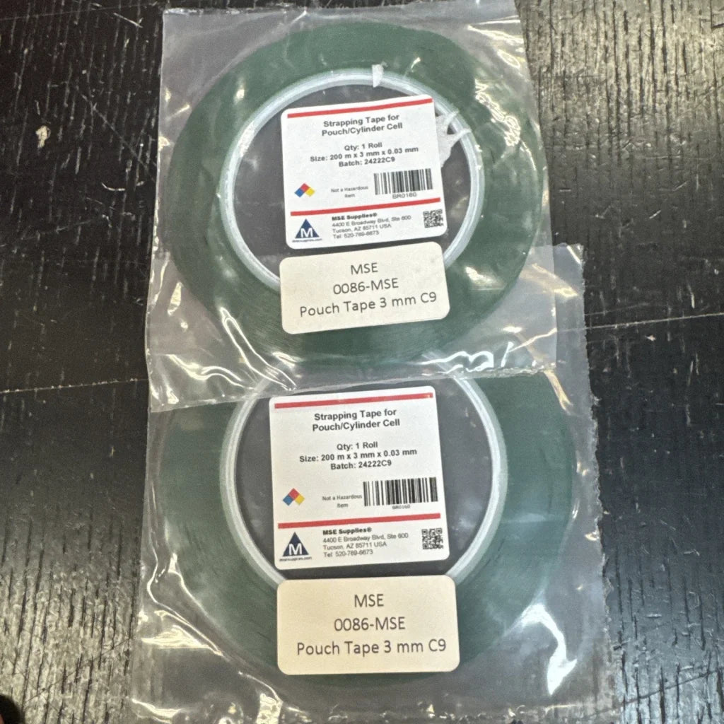 Two rolls of green 3mm lithium battery pouch tape in sealed bags