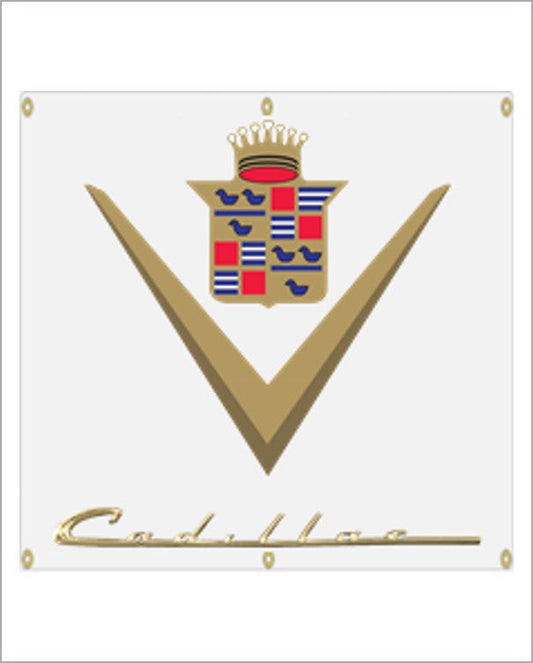 Front view of a white banner with a gold V emblem, a blue and red crest topped by a crown, and gold Cadillac script.