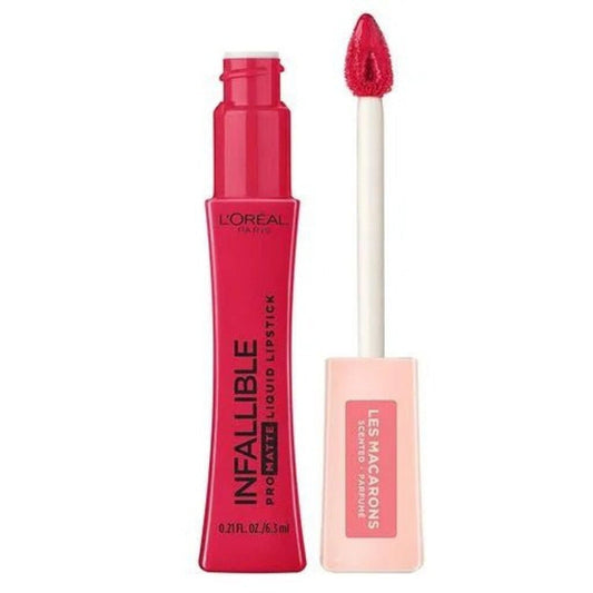 L'Oréal Infallible Pro-Matte liquid lipstick tube in deep pink with matching applicator wand displayed against white background.