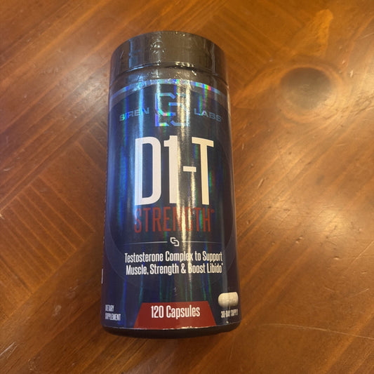 Siren Labs D1-T Strength supplement bottle with dark blue label and white text sitting on wooden surface, front view.