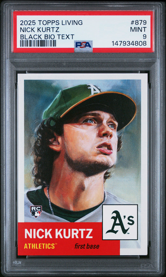 PSA-graded trading card in protective case displaying Nick Kurtz rookie card with Oakland Athletics logo and red label strip.
