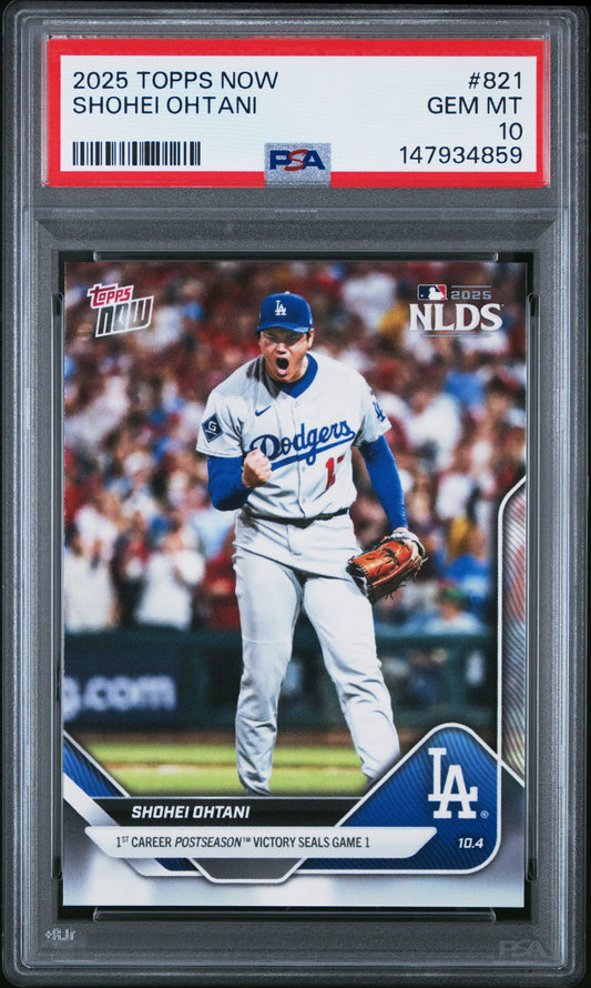 PSA-graded baseball card in clear plastic case showing Shohei Ohtani in Dodgers uniform celebrating, with red label and certification number visible.