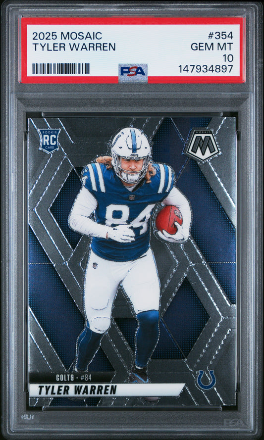 PSA-graded rookie card in clear case showing Tyler Warren in Indianapolis Colts blue uniform holding football, with red grading label visible.