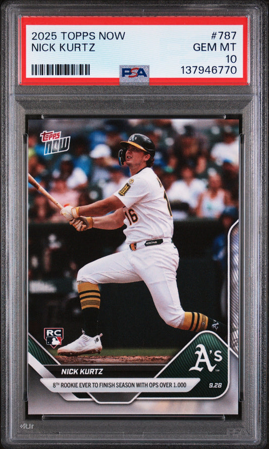 PSA-graded 2025 Topps Now Nick Kurtz rookie baseball card in protective case showing front with player batting in Oakland A's uniform.