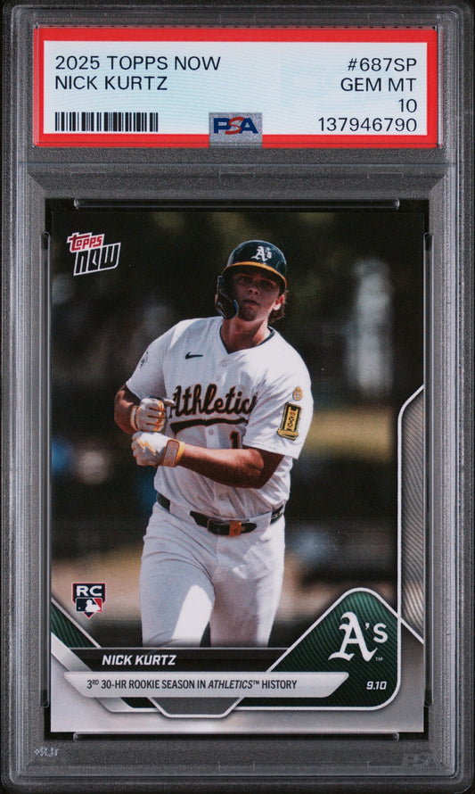 PSA graded 2025 Topps Now Nick Kurtz rookie card in clear holder with red label showing GEM MT 10 rating.