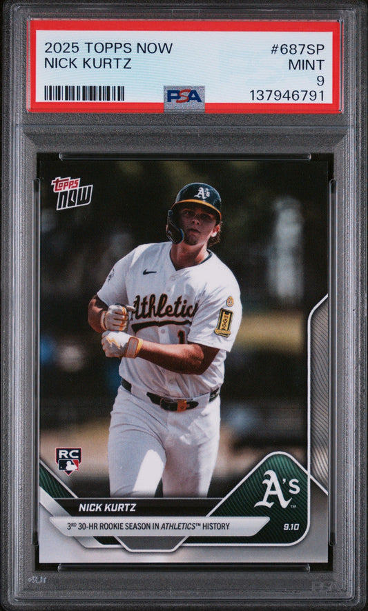 PSA graded card in holder showing Nick Kurtz in white Athletics uniform running bases, with red grading label and certification number visible.