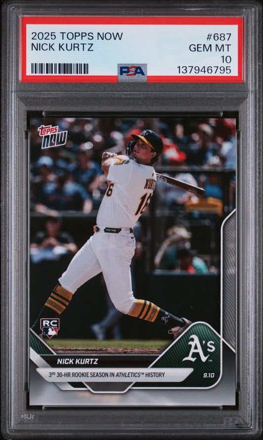 PSA-graded rookie baseball card in clear holder showing Nick Kurtz mid-swing in white Athletics uniform with gold stripes.