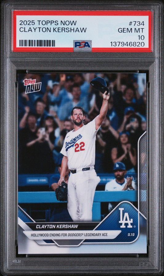 PSA-graded 2025 Topps Now Clayton Kershaw baseball card in clear holder showing front with player in white Dodgers uniform number 22.