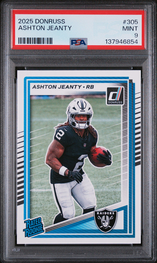 PSA-graded 2025 Donruss Ashton Jeanty rookie card in protective holder with red label showing Mint 9 rating.