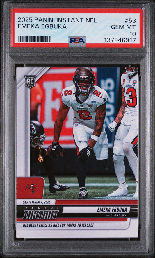 PSA-graded rookie card in clear plastic case featuring Emeka Egbuka in Tampa Bay Buccaneers white uniform with red trim and helmet.