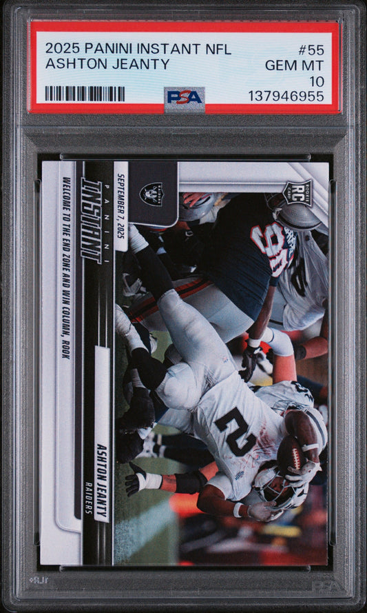 PSA graded card in holder showing Ashton Jeanty football action photo with red label displaying card details and grade.
