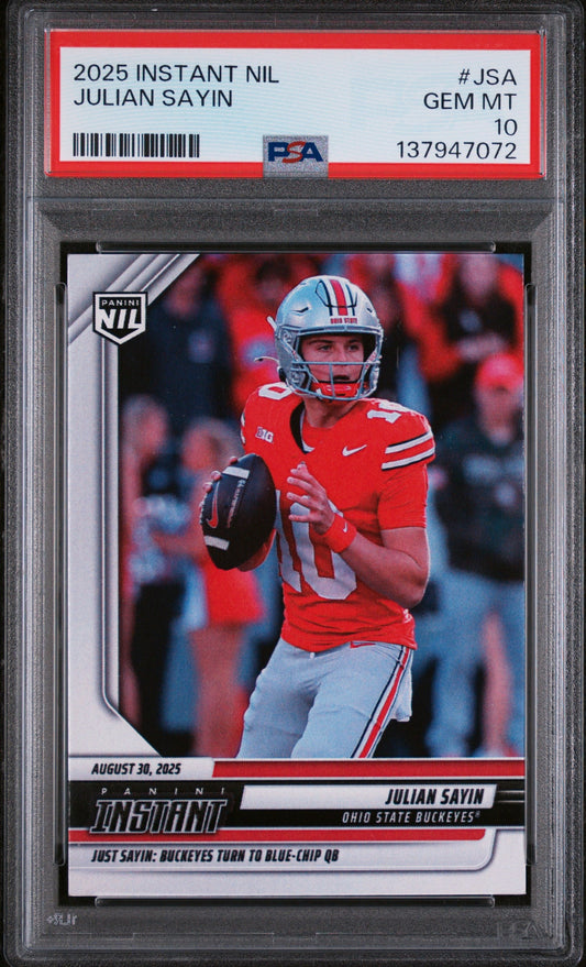 PSA-graded trading card in clear plastic case featuring Ohio State quarterback Julian Sayin in red uniform holding football.