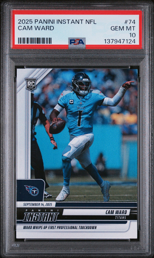 PSA graded rookie card in plastic holder showing Cam Ward in Titans blue uniform running with football, red grading label visible at top.