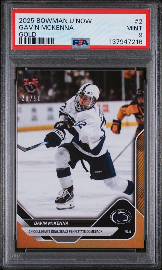 PSA-graded hockey card in plastic holder showing Gavin McKenna in white Penn State uniform on ice, gold foil border visible, PSA 9 rating label on top.