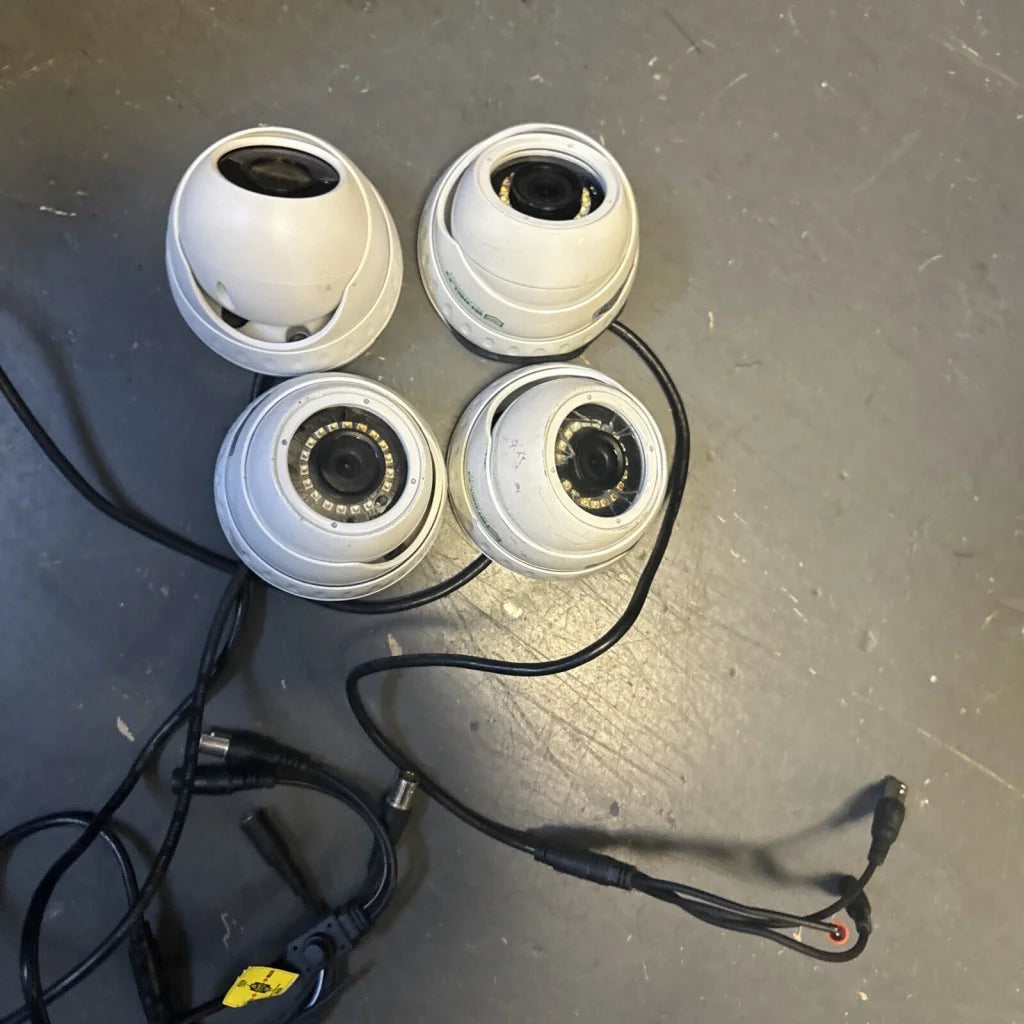 Four white dome CCTV cameras with black lenses, LED rings, tangled cables, HD 1080P 4-in-1