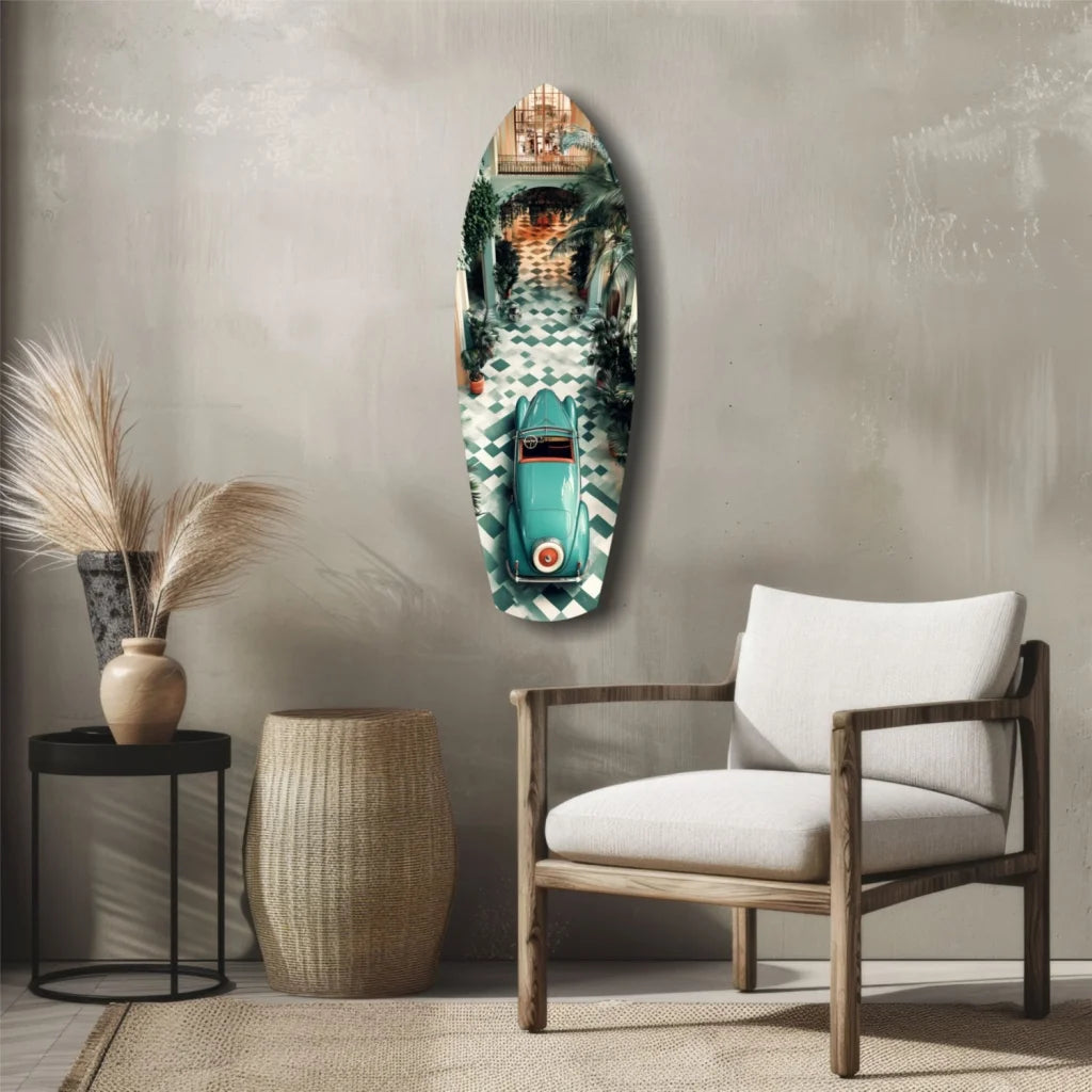 Vintage turquoise car on tempered glass art surfboard wall piece
