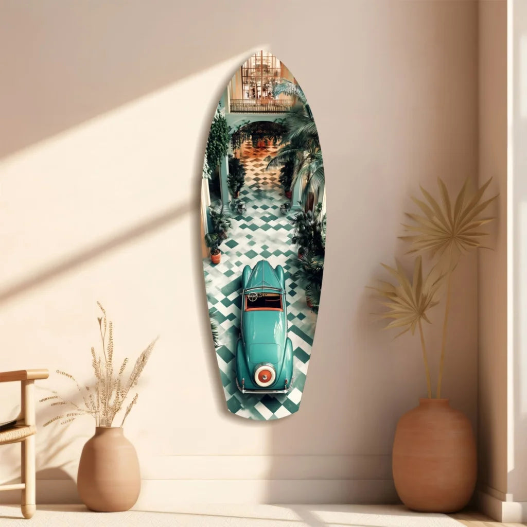 Vintage turquoise car on oval surfboard tempered glass art