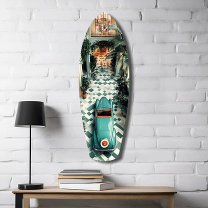 Teal vintage car on oval wooden art in tempered glass surfboard style