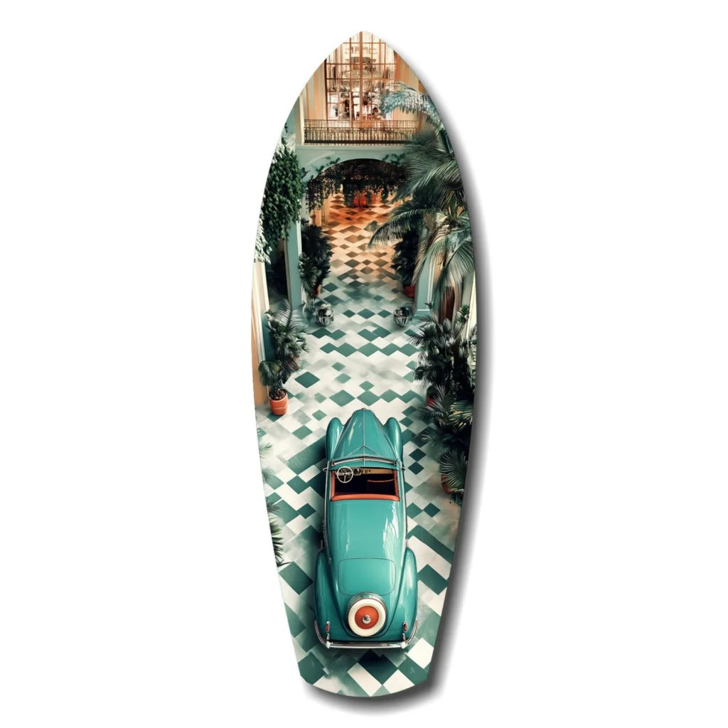 Vintage turquoise car on surfboard tempered glass art