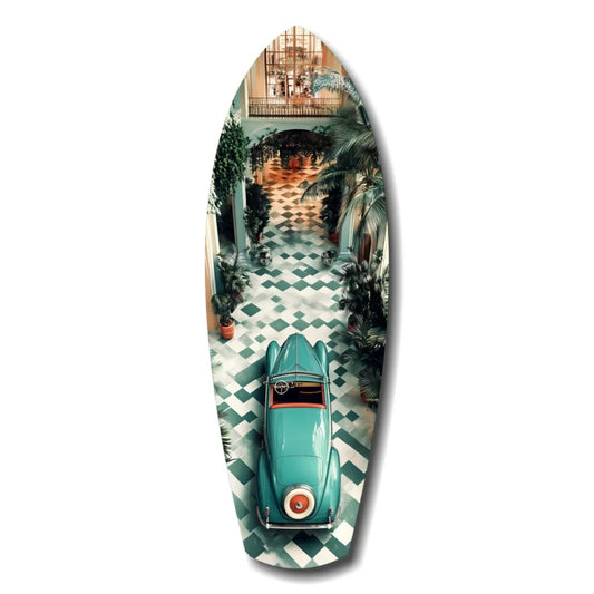 Vintage turquoise car on surfboard tempered glass art