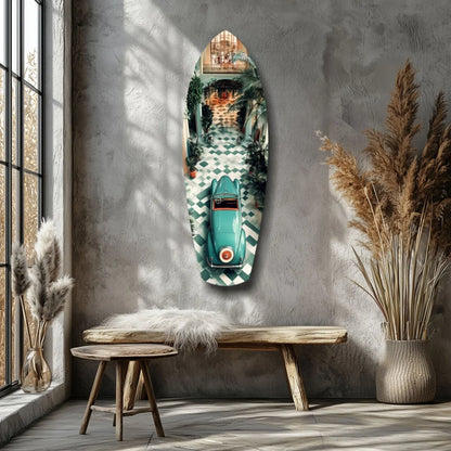 Vintage turquoise car on surfboard tempered glass art