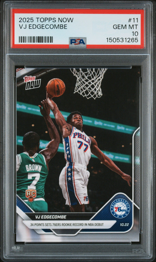 PSA-graded trading card in clear case showing VJ Edgecombe in Philadelphia 76ers uniform shooting basketball with opponent in green jersey below.
