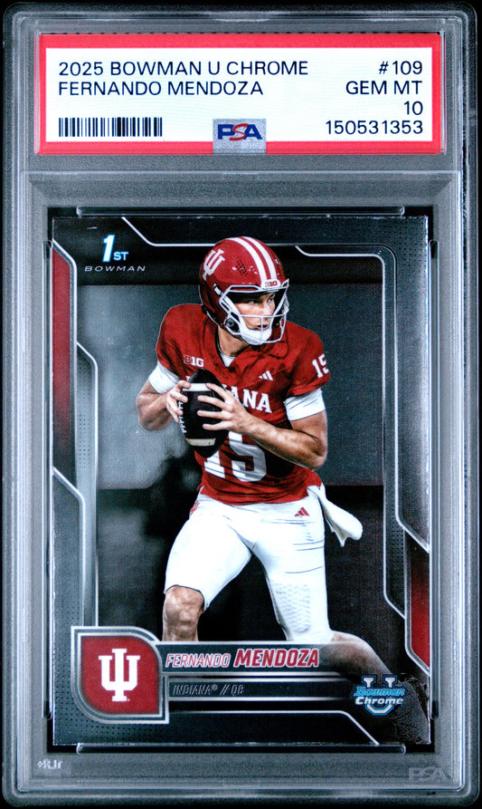 PSA-graded rookie card in clear plastic case displaying Fernando Mendoza in Indiana uniform holding football, red label at top with card details.