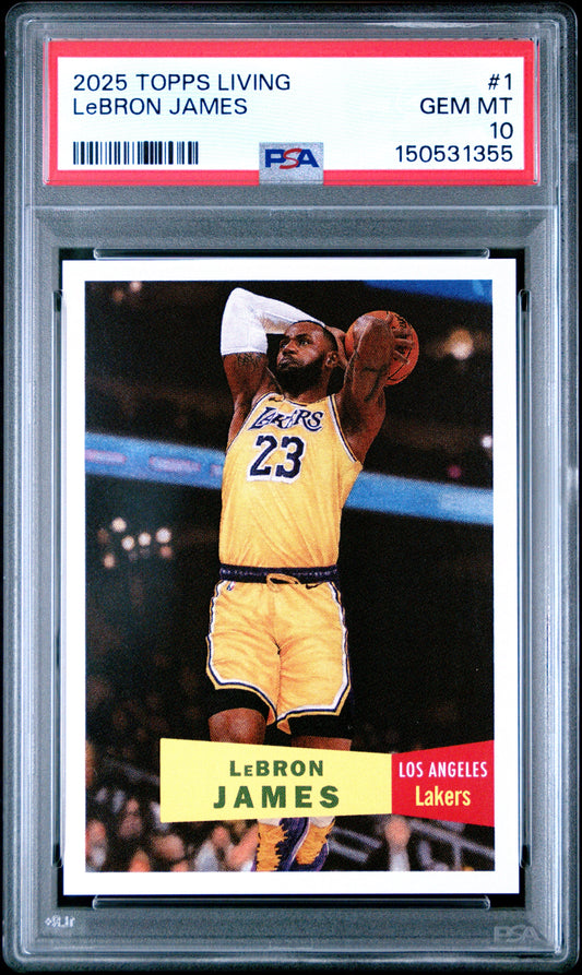 PSA-graded 2025 Topps Living LeBron James card showing him shooting in yellow Lakers jersey, encased in clear plastic holder with red label.