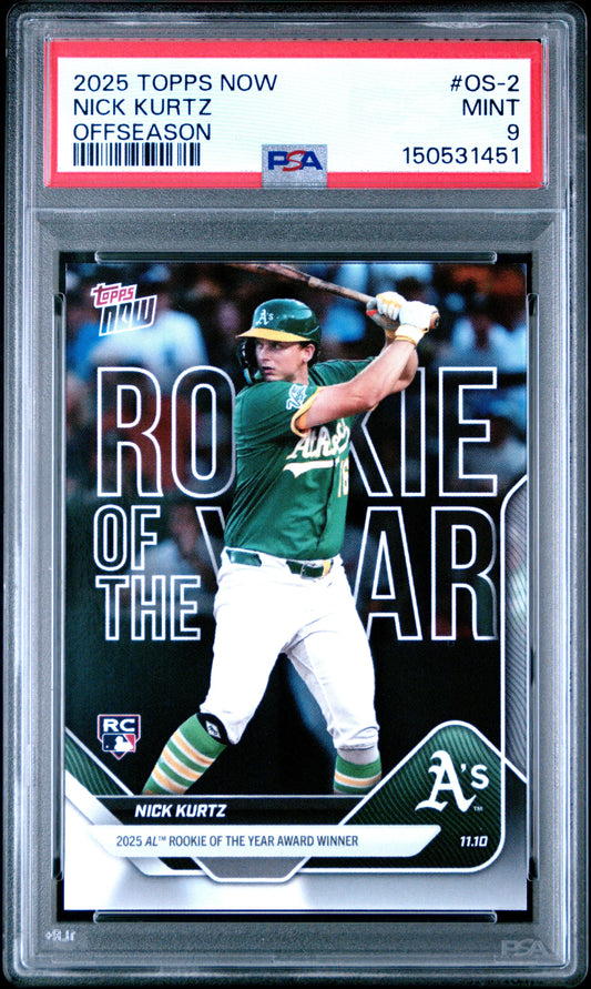 PSA-graded 2025 Topps Now Nick Kurtz rookie card in clear plastic holder showing front with player in green Oakland A's uniform.