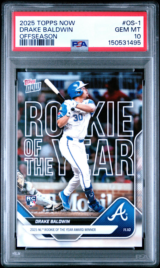 PSA-graded baseball card in clear plastic holder showing Drake Baldwin in blue Braves uniform mid-swing, with "Rookie of the Year" text and red label.
