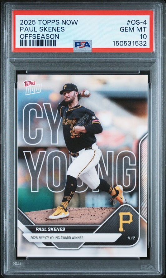 Graded baseball card in clear case showing pitcher Paul Skenes in black Pirates uniform throwing ball, with red grading label and PSA 10 rating visible.