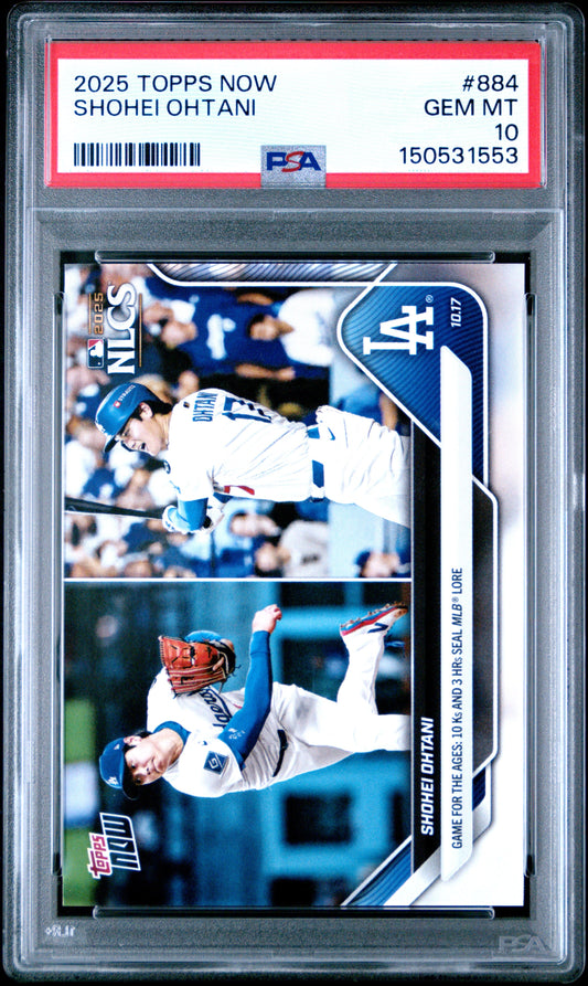 PSA-graded baseball card in clear holder showing Shohei Ohtani in Los Angeles Dodgers uniform with red PSA label indicating Gem Mint 10 rating.