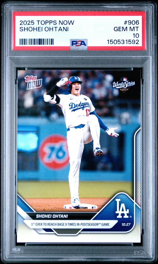 Graded PSA 10 baseball card in clear case showing Shohei Ohtani in Dodgers uniform celebrating at base during World Series game.
