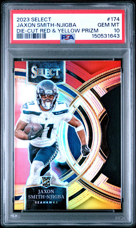 PSA-graded 2023 Select Jaxon Smith-Njigba rookie card in plastic slab showing player in Seahawks uniform with red and yellow die-cut prizm design.