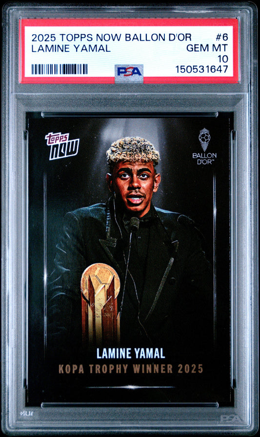Front of PSA 10 graded soccer card featuring Lamine Yamal holding Ballon d'Or trophy in black jacket.