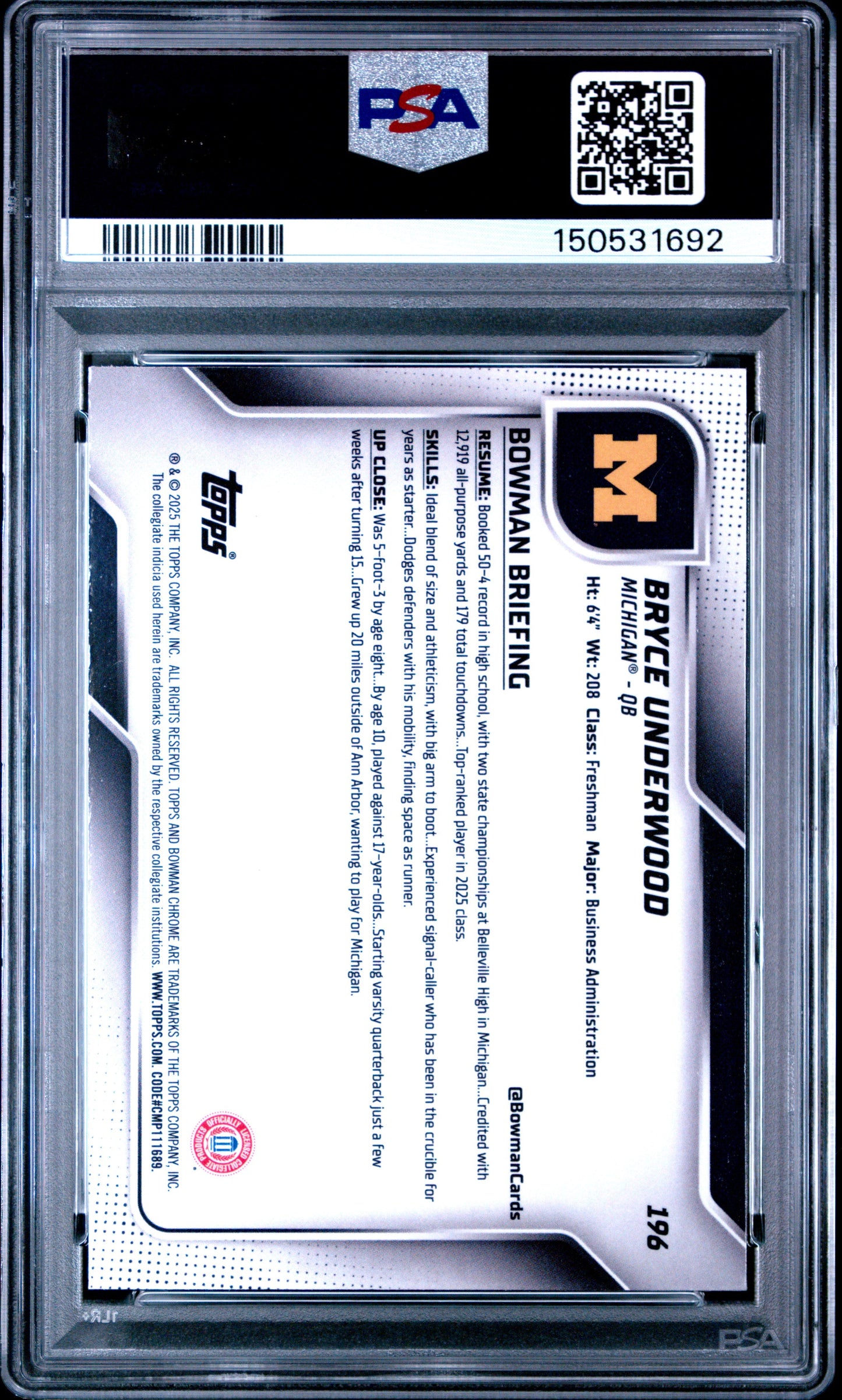 Graded 2025 Topps Bowman University Chrome Bryce Underwood #196 Rookie RC Football Card PSA 9 Mint