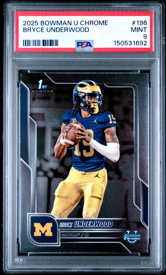 PSA 9 Mint graded card in clear plastic holder showing Bryce Underwood #196 in Michigan uniform holding football.