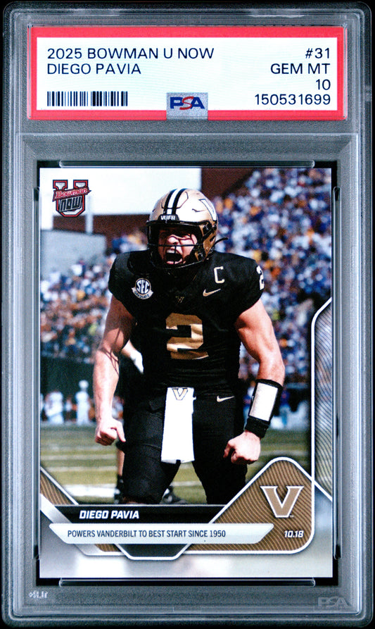 PSA-graded 2025 Bowman U Now football card #31 featuring Diego Pavia in black Vanderbilt uniform with captain's patch, encased in clear plastic holder with red label.