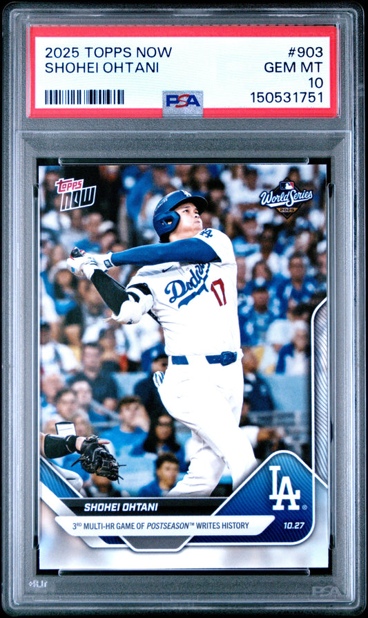 PSA-graded 2025 Topps Now Shohei Ohtani baseball card in clear plastic case showing player mid-swing in Dodgers uniform.